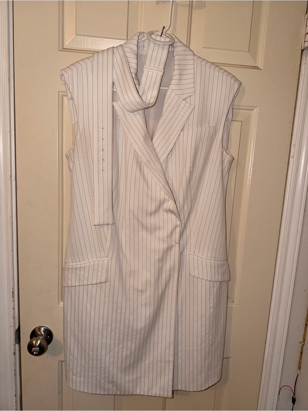 Sleeveless White Pinstripe Wrap Dress with Belt